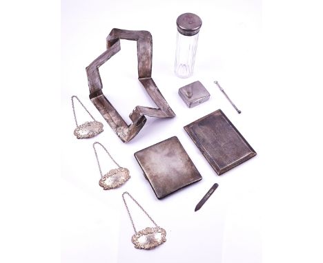 TWO SILVER CIGARETTE CASES AND EIGHT FURTHER ITEMS (10)Comprising; three decanter labels detailed Gin, Whisky and Sherry, a f