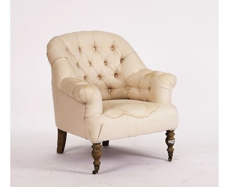 A 20TH CENTURY BUTTON-BACK EASY ARMCHAIROn green stained baluster supportsCondition report:Internal of the seat measurements:
