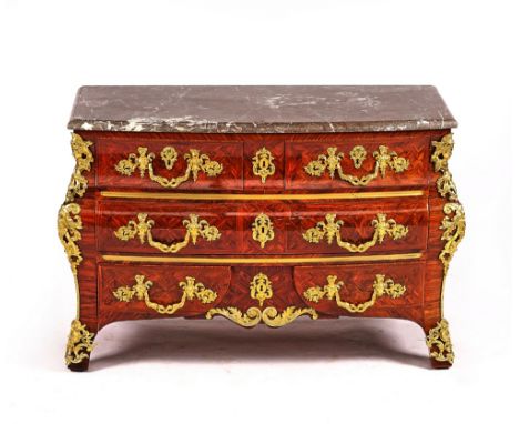 AFTER JEAN-CHARLES ELLEAUME; AN 18TH CENTURY STYLE FRENCH COMMODEThe bow marble top over and ormolu mounted chevron banded ki