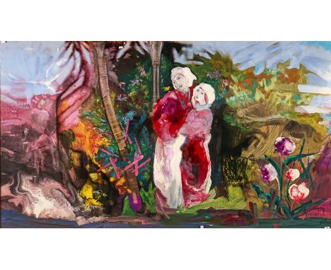 M*** PEL (20TH CENTURY)Couple under palm treessigned (lower right)mixed media on canvas117cm x 205cmARR