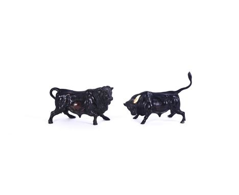 TWO PATINATED BRONZE MODELS OF BULLS19th Century, UnsignedThe largest 14cm wide x 8.5cm highCondition:- One with a missing br