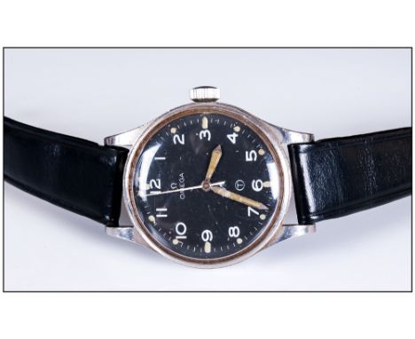 Omega British Military RAF Issue Stainless Steel Gents Wristwatch, circa 1953, reference 2777-1, the black dial with thin mil