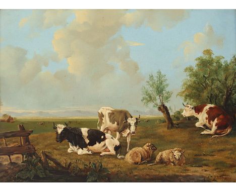 WORREL, A. B. (Niederlande wohl 19.Jh.), "Rinder und Schafe auf der Weide", Öl/Holz, 26 x 36, unten rechts signiert, R.