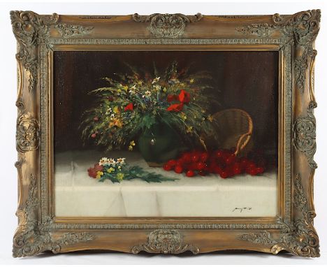 MALER A.20.JH., "Stilleben mit Blumen und Kirschen", Öl/Lwd., 60 x 80, doubliert, unten rechts unleserlich signiert, R.