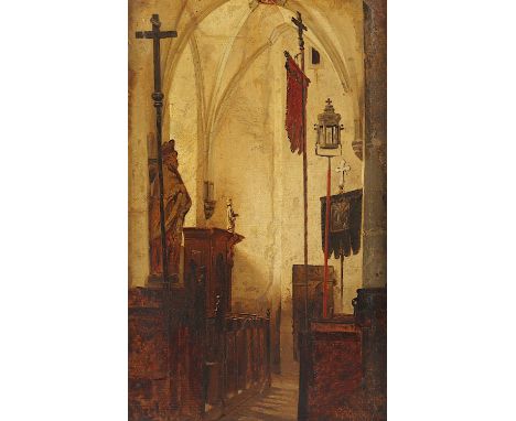 SEEL, Adolf (1829-1907), "Kircheninneres", Öl/Papier, 31,5 x 20, auf Holz aufgezogen, besch. und rest., unten links signiert,