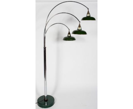 A 1970's Italian vintage chrome floor standing arc lamp, with three sweeping swing arms, fitted with industrial enamel shades