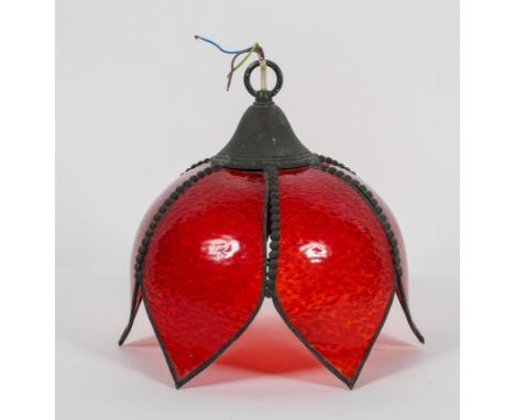 A lotus flower shaped ceiling light shade with red glass petals, 28cm diameter