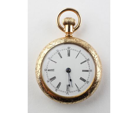 A yellow metal open face pocket watch. Circular white dial with roman numerals. Manual wind movement. Floral engraved case. N
