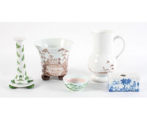 A collection of Isis pottery of Oxford, to include a jardiniere, candlestick, ewer, flower brick and pin bowl, painted marks 