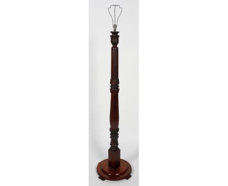 A mahogany bed post standard lamp, with foliate carving, 157cm high (exc mounts)