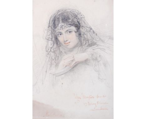 John Hayter, Portrait of a young lady in a veil, pencil and crayon, inscribed, 22cm x 16cm