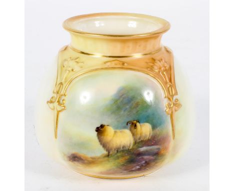 A Royal Worcester vase, date code 1913, shape H175, signed E Barker, painted with sheep in a mountain landscape, puce marks, 