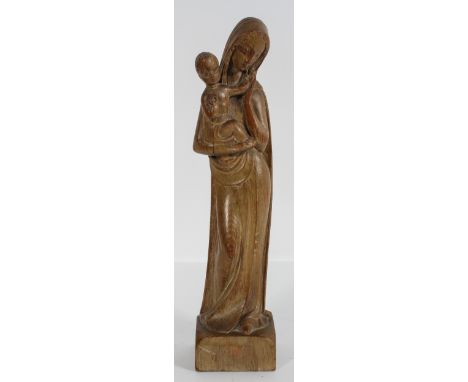 A 15th century style carved and limed 'Virgin and Child' on a stepped wall bracket, figure 34cm high; and another bracket (3)