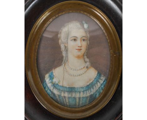 19th century Miniature school, Portrait of a young lady wearing pearl necklaces, possibly on ivory, 7cm x 5cm