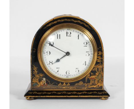 A Georgian style Japanned mantel clock, the enamelled dial on a French brass movement, in a domed case with gilt decoration o