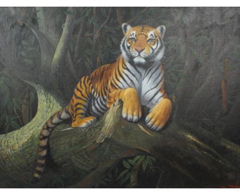 R Evans, Tiger on a branch, acrylic on canvas, signed and dated 1989 lower right, 92cm x 122cm