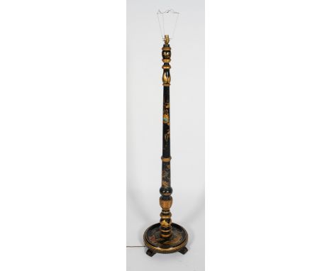 A George III style Japanned standard lamp, with gilt floral decoration on a black lacquered background, 150cm high