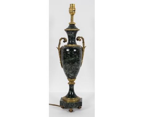 A Neo classical green marble and gilt metal mounted lamp stand, of two handled amphora form, 43cm high (exc fittings)