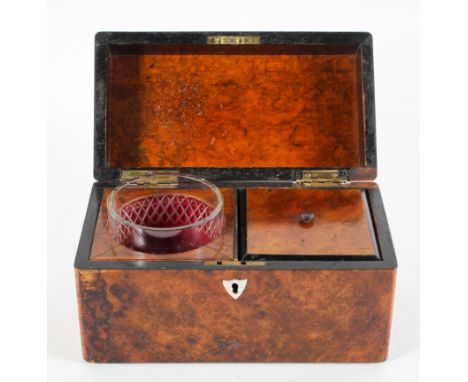 A George III burr walnut tea caddy, with a single canister and glass mixing bowl, 14cm high x 25cm wide x 14cm deep