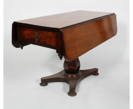 A 19th century mahogany drop leaf sofa table, the rectangular top with a single drawer on a baluster octagonal column and qua