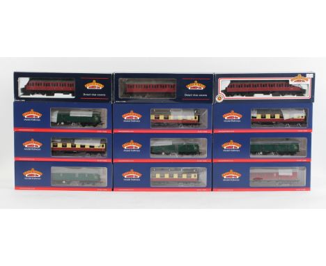 Twelve  Bachmann Branch line 00 gauge coaches, to include BR MK1 GUV Green (x4); BR MK1 Suburban Brake, crimson; Second Brake
