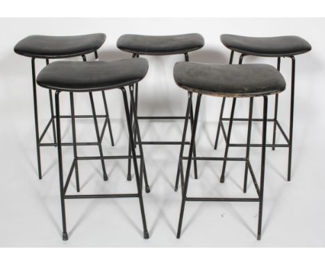 A set of five Programme stools by Frank Guille for Kandya, black vinyl seats on metal frames, 63cm high x 39cm wide x 29.5cm 
