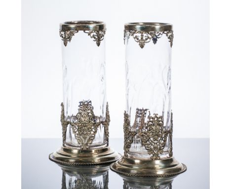 PAIR OF EARLY 20TH CENTURY SILVER PLATED GLASS VASES
maker R&W Sorley of Glasgow, glass body of cylindrical form moulded with