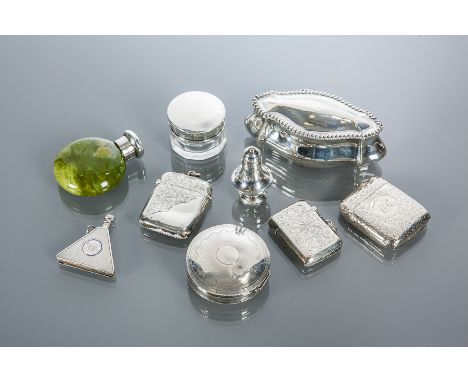COLLECTION OF SMALL SILVER ITEMS
comprising three Victorian/early Edwardian vesta cases, two scent bottles, one of triangular