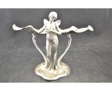 A WMF Art Nouveau silver plated pewter figural pedestal visiting card tray, formed as two lily pads, with winged maiden holdi