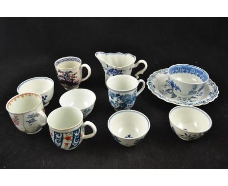 Six pieces of First Period Worcester - three bowls, two cups and a 16cm plate; together with an 18th century moulded sauceboa