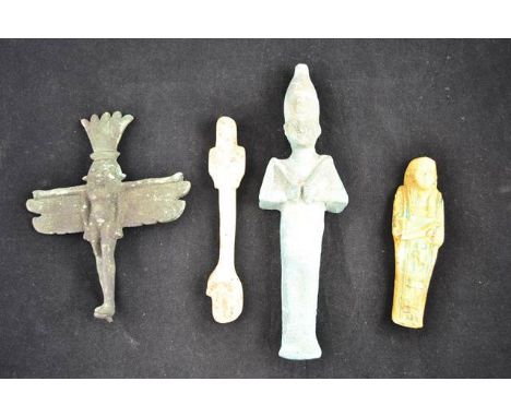 A collection of four Egyptian artifacts, two metal and two ceramic, age unknown CONDITION REPORT: commensurate with age