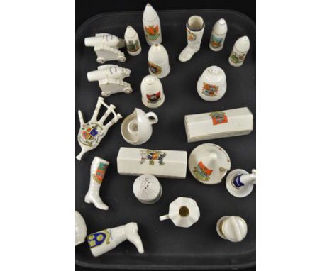 Twenty one items of 1st WW crested china - 2 Trench Mortars 'War edition', 6 Artillery Shells including a Jack Johnson, 1 Gos