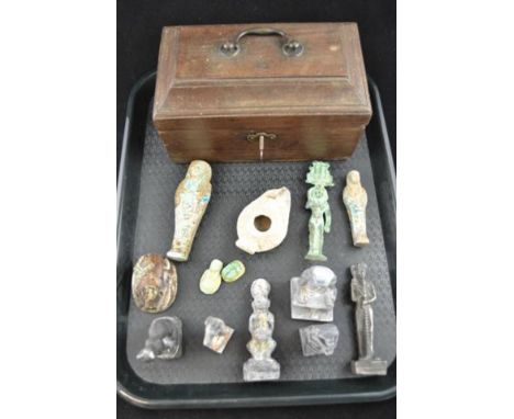 A Georgian wooden tea caddy containing thirteen assorted metal and ceramic Egyptian artifacts, age unknown CONDITION REPORT: 