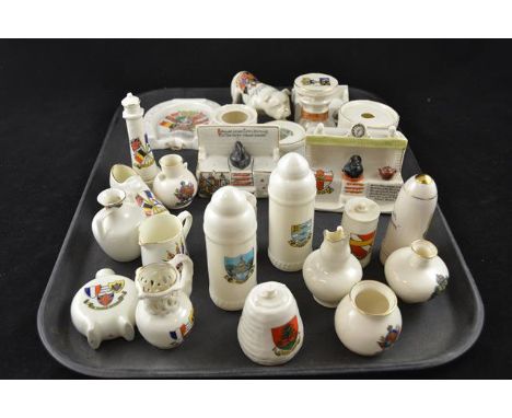 Twenty five items of 1st WW crested china - 1 Goss Horseshoe, 1 Bulldog (broken tail), 7 Flags, 1 Piano, 1 Capstan, 3 Drums, 