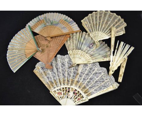 A Chinese ivory and shibayama fan decorated with insects and birds, fourteen sticks (fan damaged), a European painted silk fa