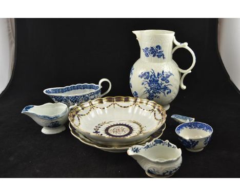 Six pieces of damaged First Period Worcester - Cabbage leaf moulded jug H24cm; 3 moulded sauceboats; moulded bowl with monogr