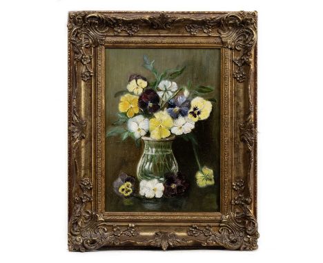 KATE WYLIE (SCOTTISH 1877 - 1941), STILL LIFE OF PANSIES  oil on canvas, signed and titled versoframedimage size 36cm x 26cm,