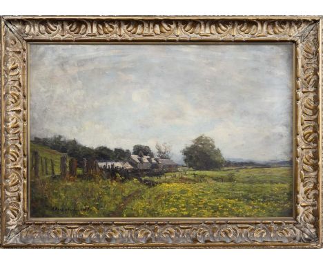 ALEXANDER BROWNLIE DOCHARTY (SCOTTISH 1862 - 1940), FIELD AND FARM oil on canvas, signed, titled indistinctly versoframed and