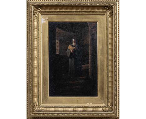 SIR GEORGE REID PRSA HRSW (SCOTTISH 1841 - 1913), MONK CARRYING A BIBLE  oil on canvasframedimage size 29cm x 19cm, overall s