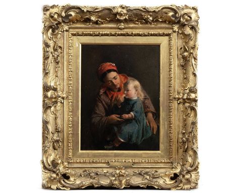 JOHN PHILLIP RA HRSA (BRITISH 1817 - 1867), THE PET OF THE FAMILY oil on panel, titled in presentation plaque framedimage siz