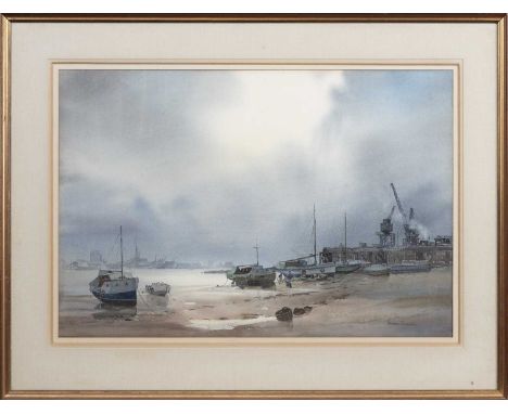 * EDWARD ASHTON CANNELL (BRITISH 1927 - 1994), AFTER RAIN ON THE THAMES  watercolour on paper, signed, titled label versomoun