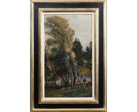 JAMES ELDER CHRISTIE NEAC (SCOTTISH 1847 - 1914), THE WOODCUTTERS oil on canvas, signed, titled versoframedimage size 61cm x 