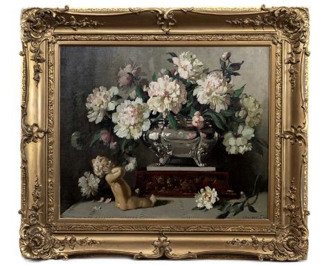 * HERBERT DAVIS RICHTER (BRITISH 1874 - 1955), STILL LIFE WITH SILVER VASE  oil on canvas, signed framed  image size 62cm x 7