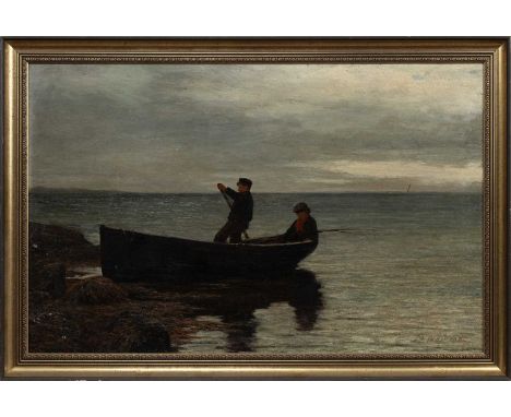 JOSEPH HENDERSON RSW (SCOTTISH 1832 - 1908) ROW BOAT COMING IN TO SHORE oil on board, signed and dated 1878framedimage size 5