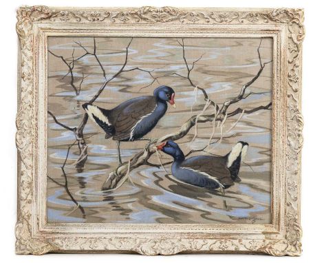 * RALSTON GUDGEON RSW (SCOTTISH 1910 - 1984), MOORHENS oil on canvas, signedframed and under glassimage size 49cm x 60cm, ove