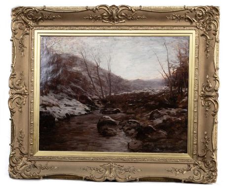 ALEXANDER BROWNLIE DOCHARTY (SCOTTISH 1862 - 1940), WINTER - THE GLEN oil on canvas, signed, titled versoframedimage size 70c