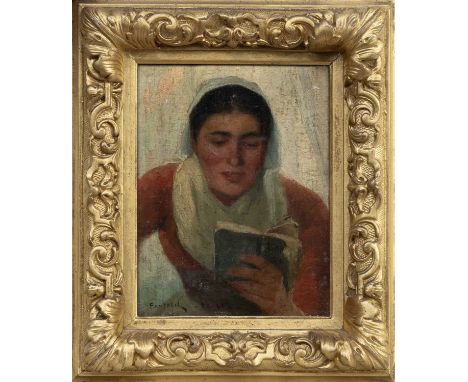 FRANK CRAWFORD PENFOLD (AMERICAN 1849 - 1921), SKETCH - WOMAN READING A FRENCH BOOK oil on panel, signedframedimage size 20cm