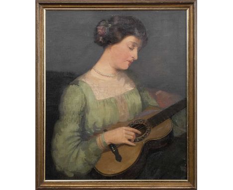 BRITISH SCHOOL, LADY AND GUITAR oil on canvasframedimage size 65cm x 53cm, overall size 73cm x 62cm