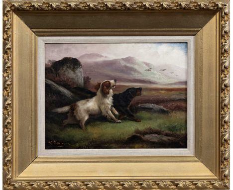 ROBERT CLEMINSON (BRITISH 1864 - 1903), TWO HUNTING DOGS oil on canvas, signedframedimage size 29cm x 39cm, overall size 52cm