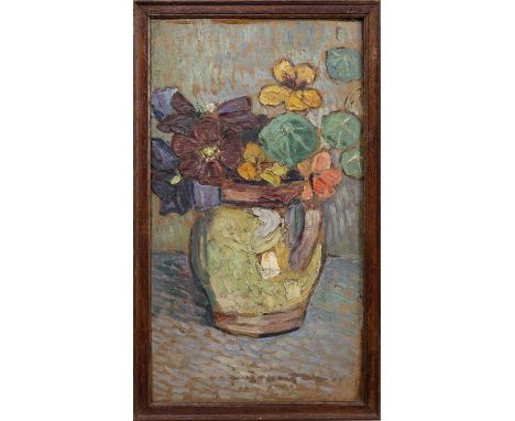 CONTINENTAL SCHOOL (20TH CENTURY), STILL LIFE WITH VASE oil on boardframedimage size 53cm x 29cm, overall size 59cm x 35cm 